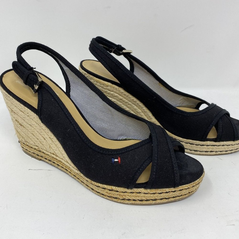 Tommy Hilfiger Womens Size 9.5 M Black Wedge Fabric Open Toe Shoes